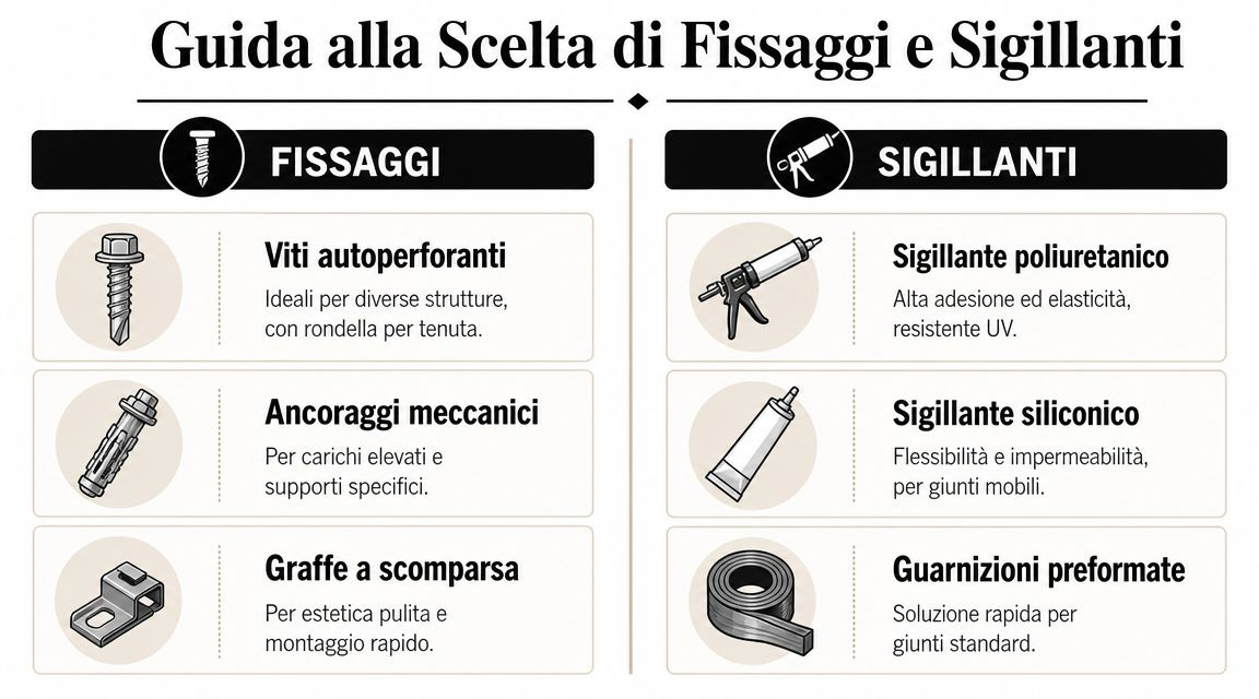 Guida visiva che illustra le diverse tipologie di fissaggi e sigillanti utilizzati per l'installazione di pannelli isolanti.