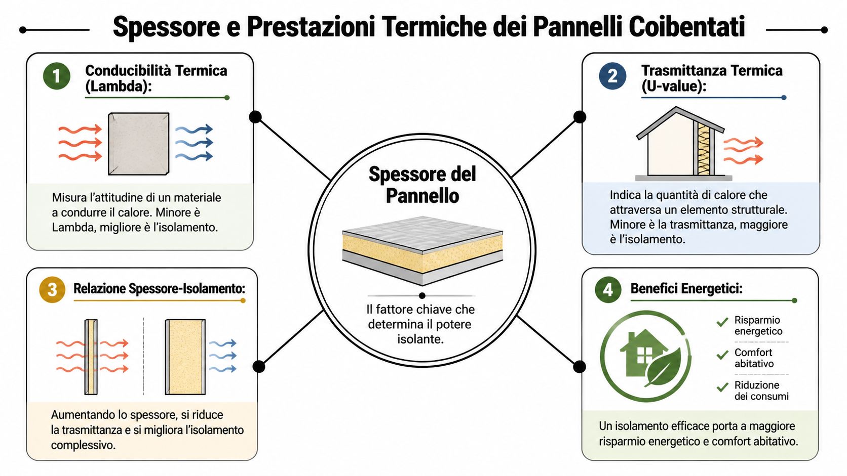 Infografica che illustra il ruolo dello spessore dei pannelli coibentati nel migliorare l'isolamento termico degli edifici.
