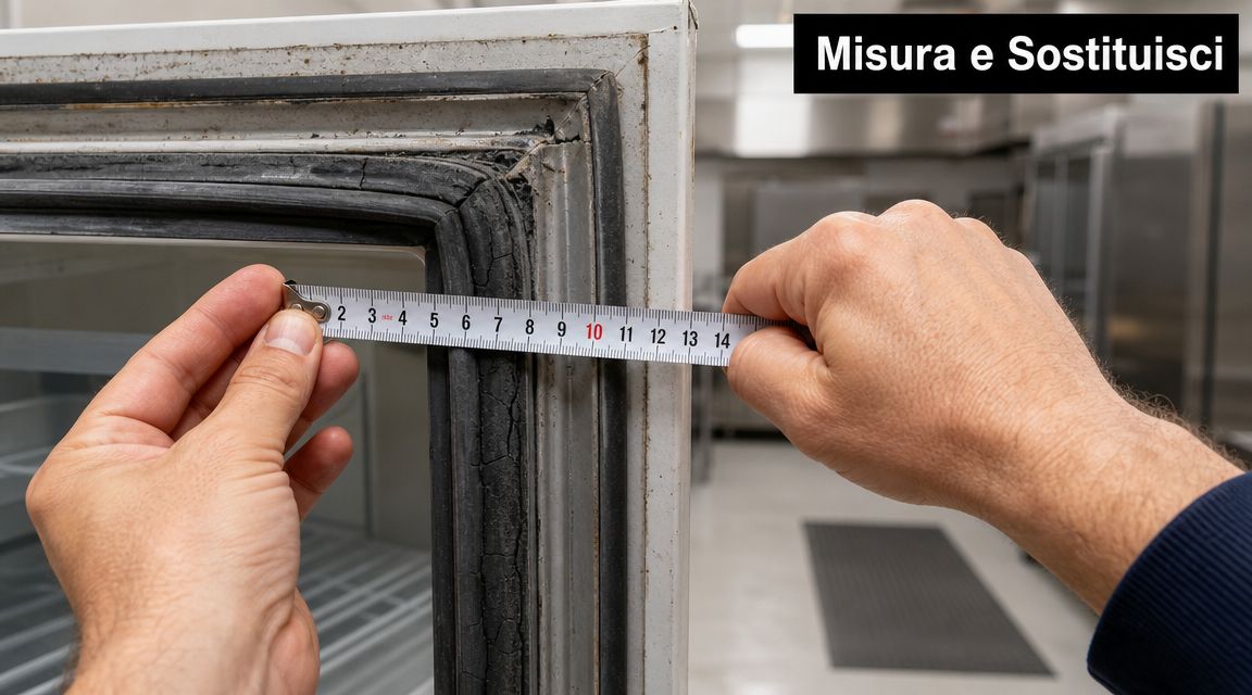 Una mano usa un metro a nastro per misurare la guarnizione usurata di una porta frigorifera industriale.