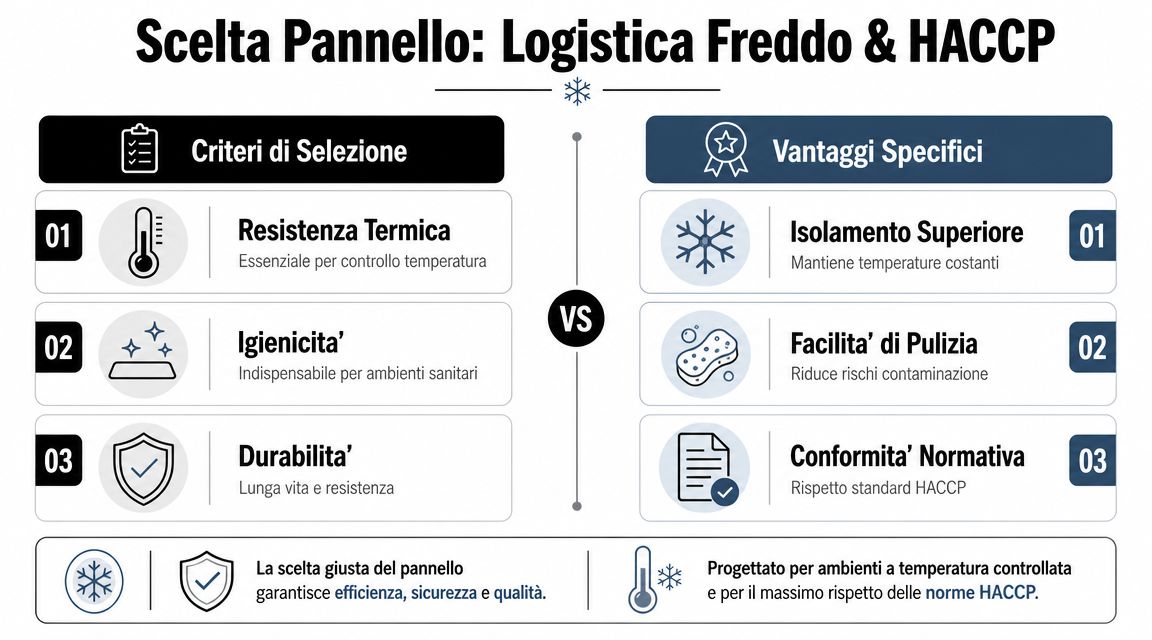 Infografica che illustra i criteri di selezione e i vantaggi dei pannelli sandwich per logistica fredda e HACCP.