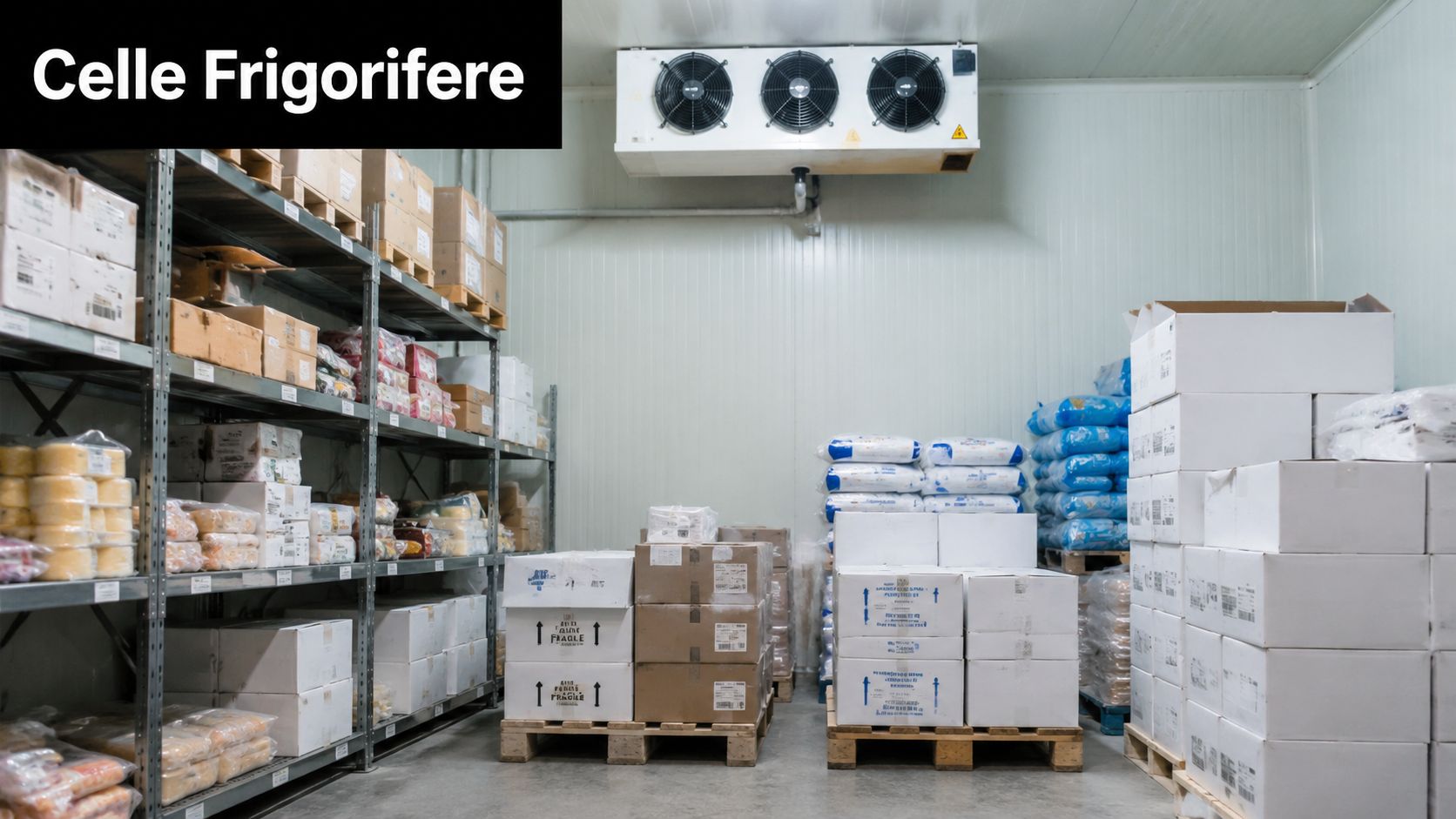 Magazzino frigorifero industriale con scaffali metallici pieni di prodotti alimentari confezionati e pile di scatole di cartone.