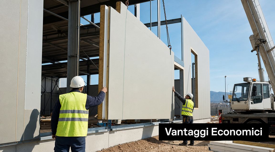 Operai in cantiere posizionano un pannello a sandwich prefabbricato utilizzando una gru per la costruzione industriale.