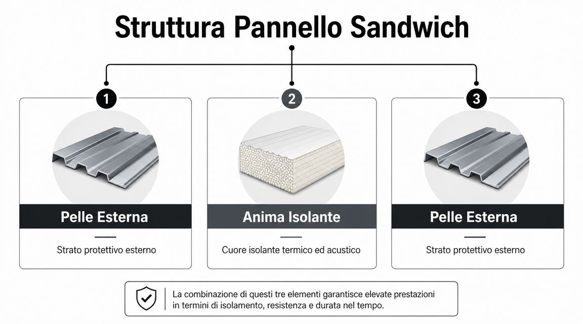 Schema illustrativo che descrive la struttura a tre strati di un pannello sandwich isolante per costruzioni edilizie.