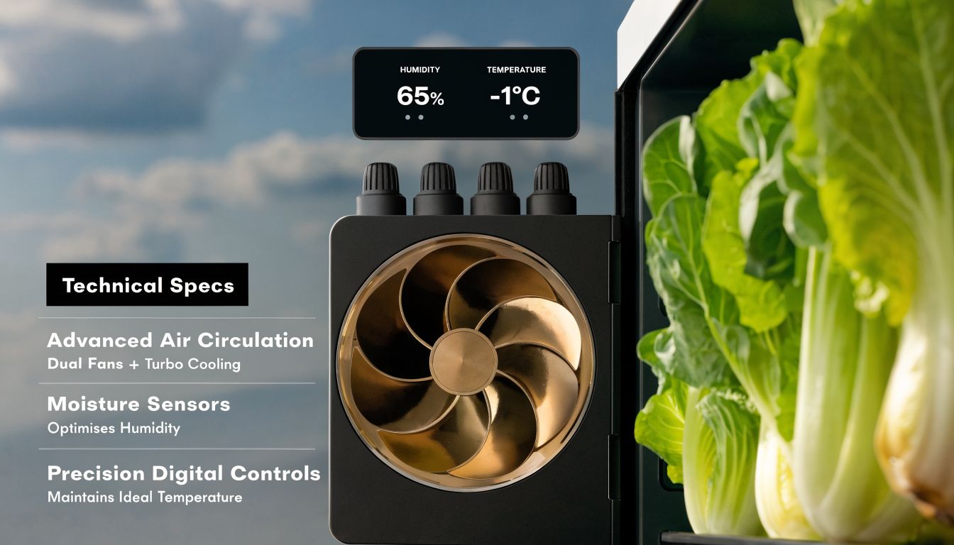 Dettaglio tecnico di un innovativo frigorifero per verdure con display digitale, ventola color oro e sensori avanzati.