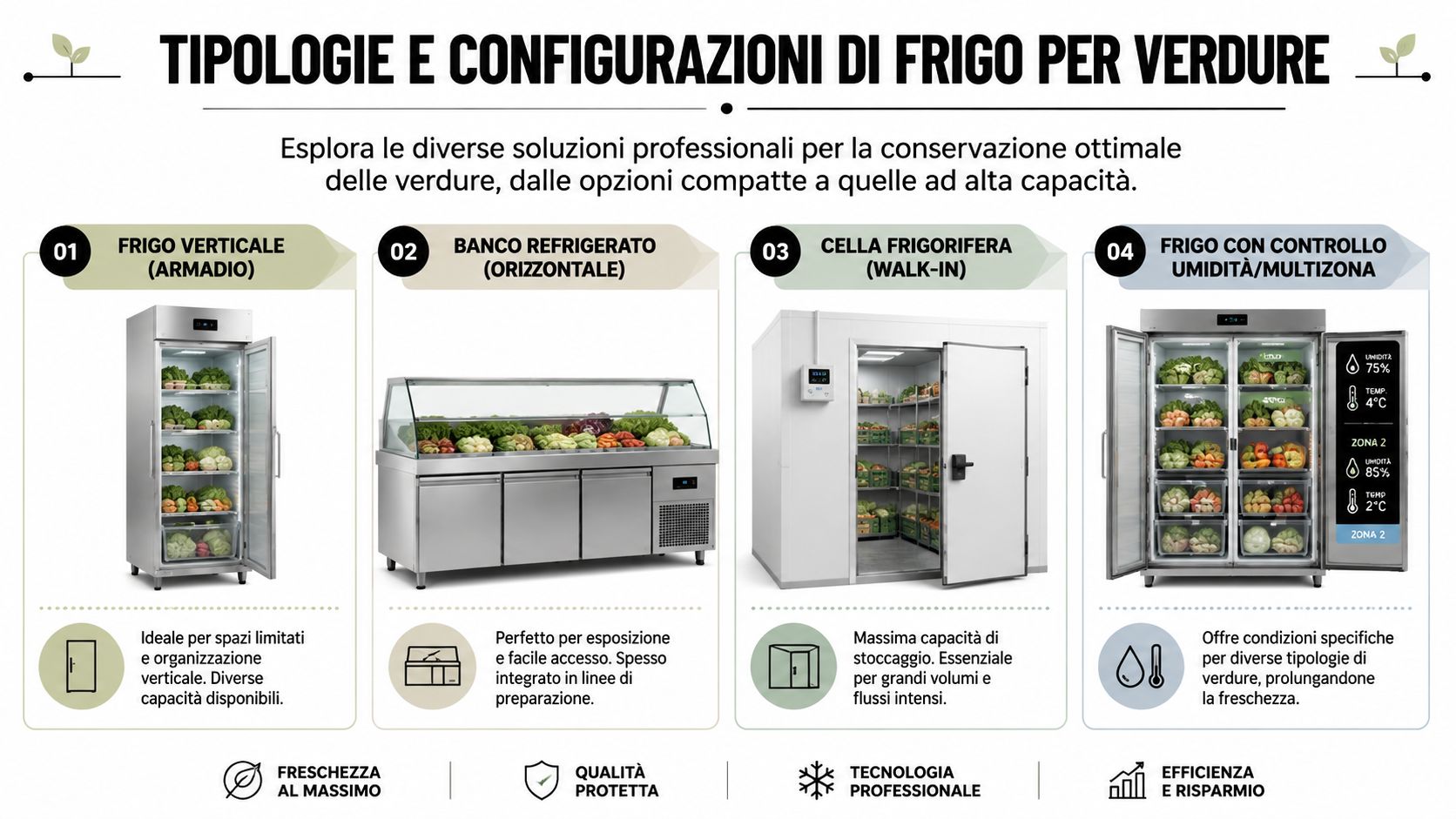 Infografica informativa sulle varie tipologie e configurazioni di frigoriferi professionali per la conservazione ottimale delle verdure.