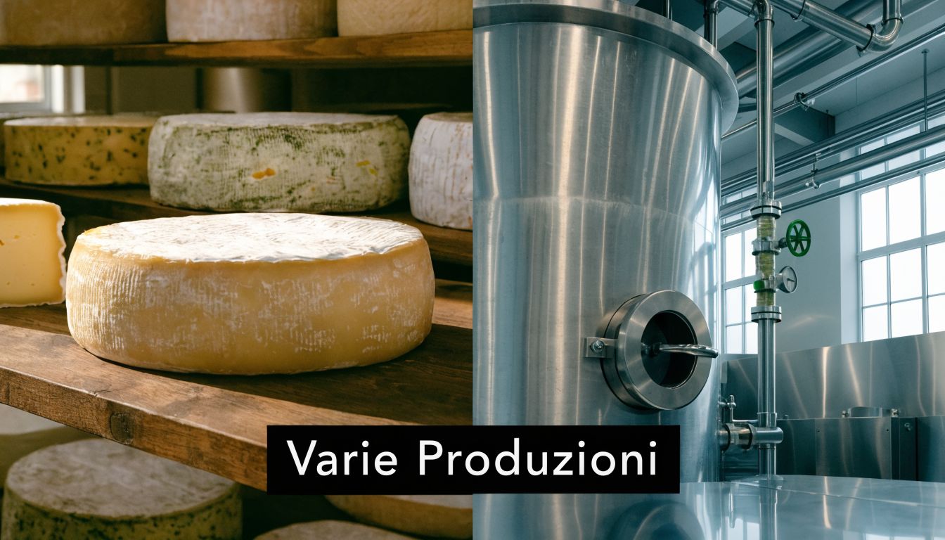 Una composizione che mostra forme di formaggio su scaffali in legno accanto a macchinari industriali per caseificio.