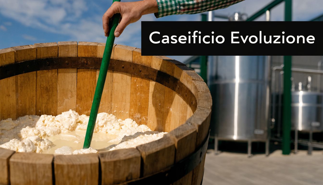Un casaro mescola la cagliata di formaggio in una tradizionale tinozza di legno in un caseificio moderno.
