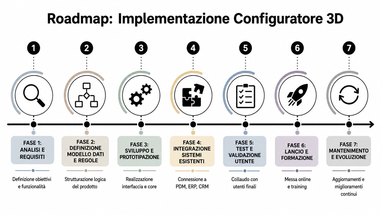 Roadmap grafica che illustra le sette fasi di implementazione di un configuratore 3D per prodotti aziendali.