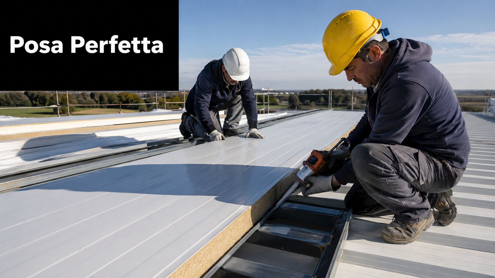Due operai in abbigliamento da lavoro installano pannelli coibentati sul tetto di un edificio in costruzione.