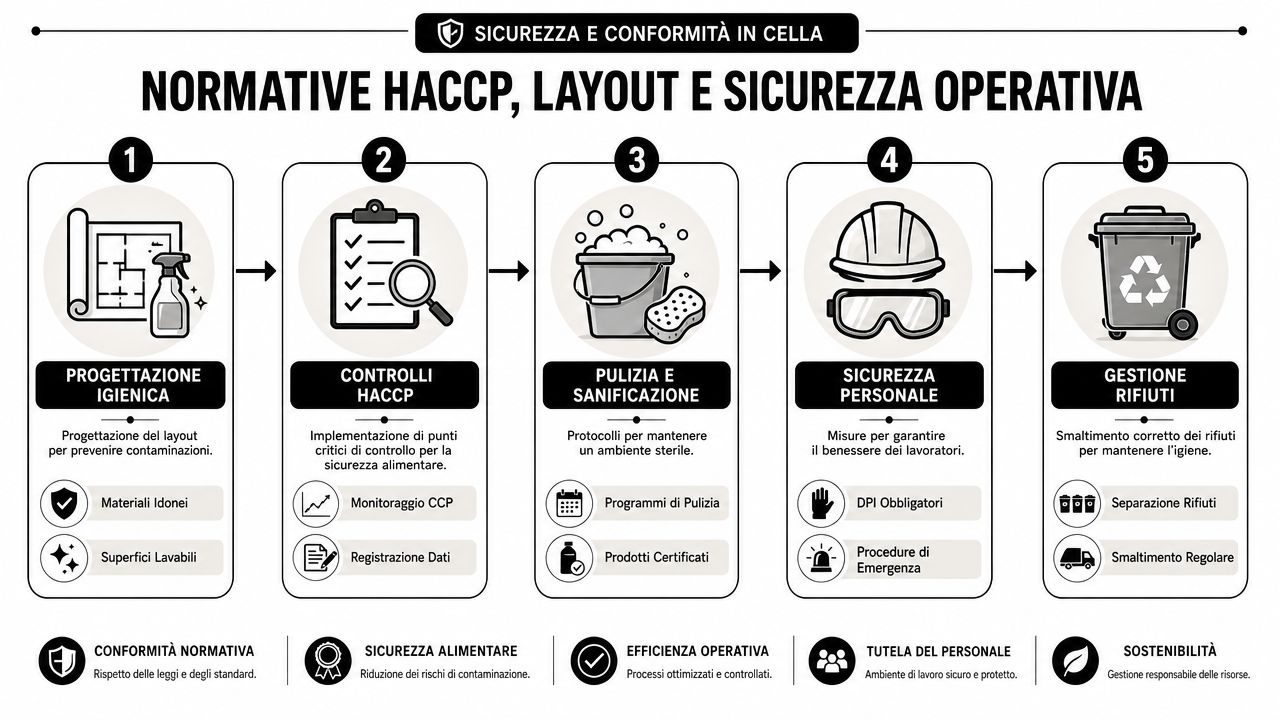 Infografica che illustra i cinque passaggi fondamentali per la sicurezza e conformità normativa nelle celle di stagionatura.