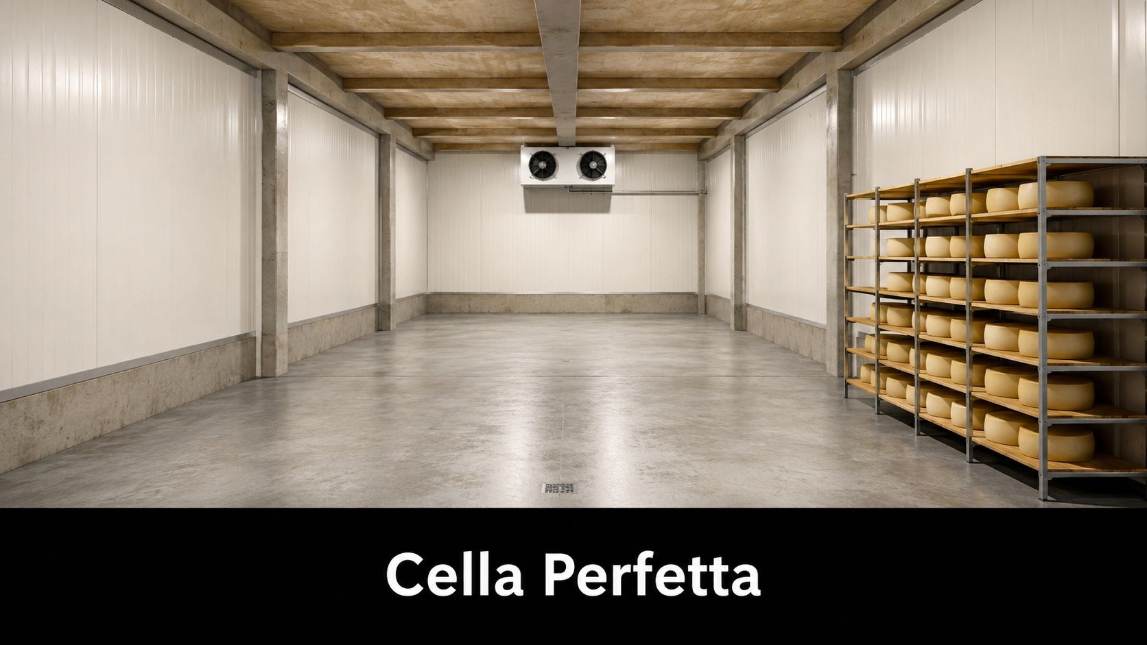 Una moderna cella frigorifera per la stagionatura dei formaggi con scaffalature in legno cariche di forme.