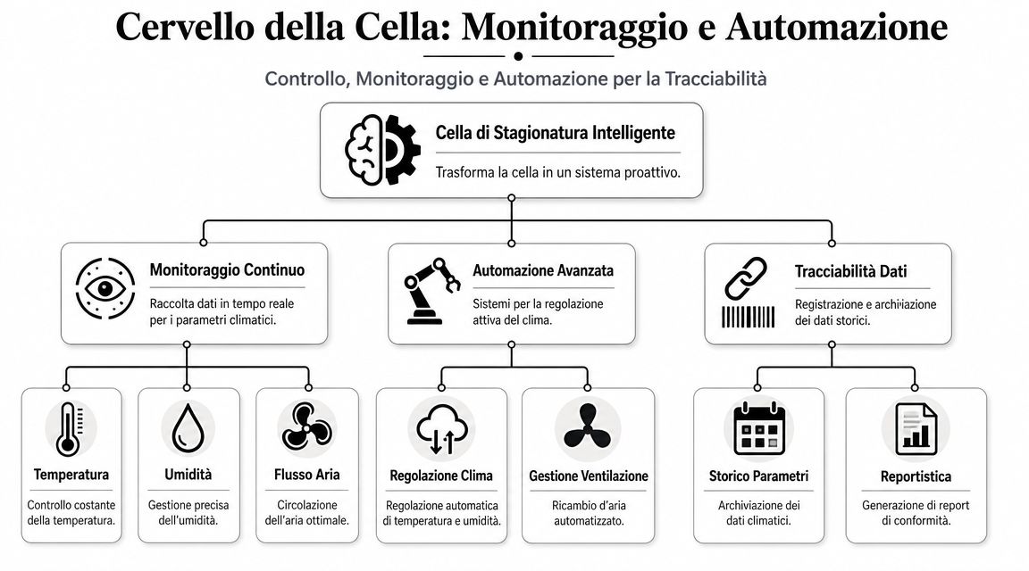Diagramma che illustra il monitoraggio, l'automazione e la tracciabilità dati in una cella di stagionatura formaggi intelligente.