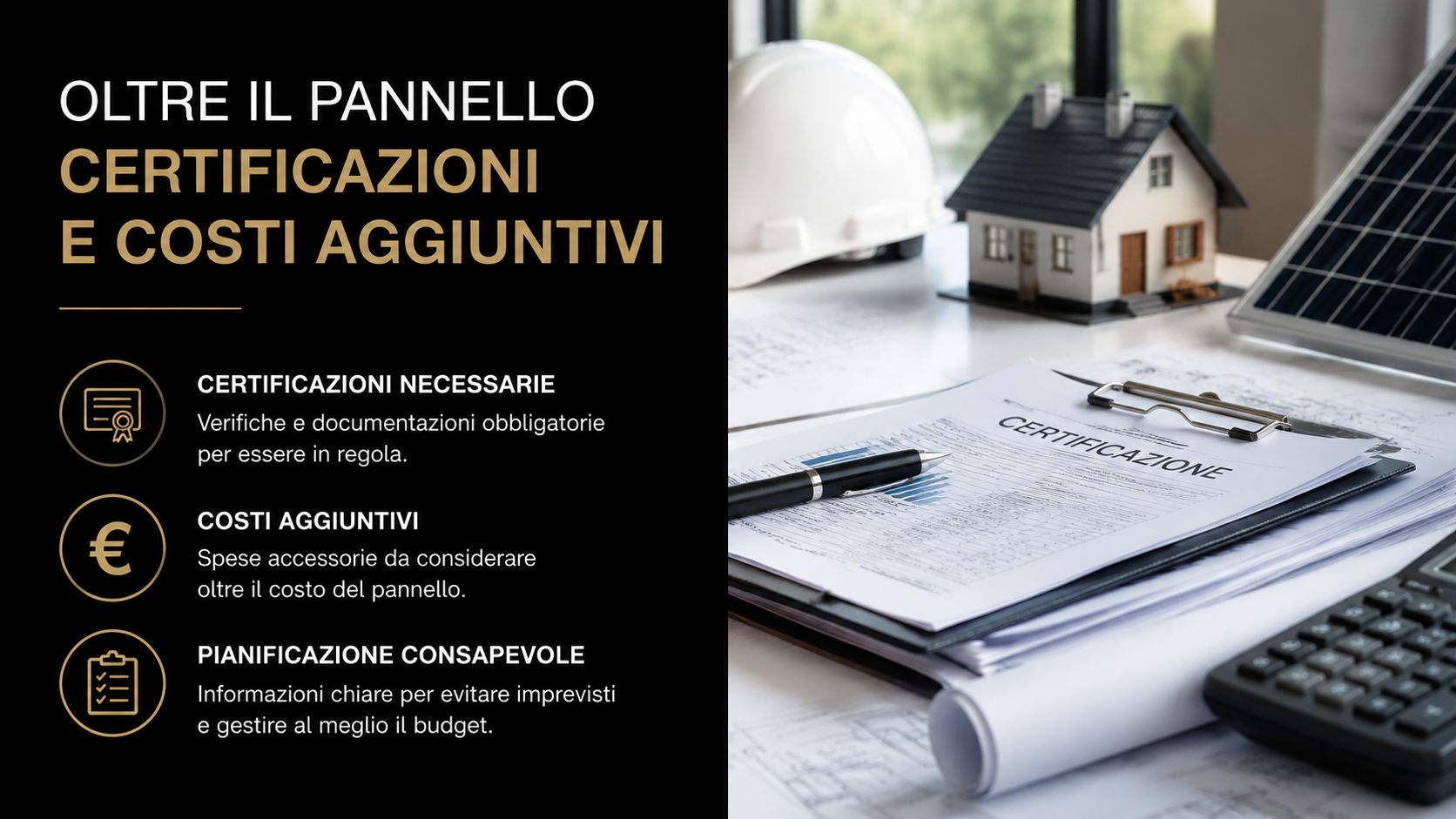 Un'immagine informativa che elenca certificazioni, costi aggiuntivi e pianificazione necessari per l'installazione di pannelli solari domestici.