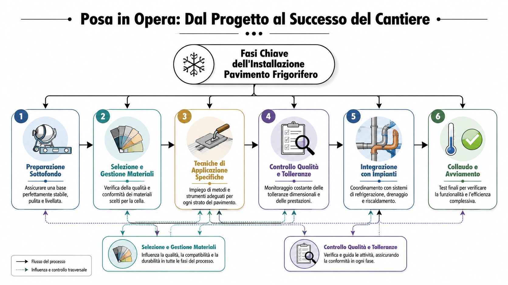 Infografica illustrante le sei fasi chiave per la corretta installazione di un pavimento per cella frigorifera professionale.