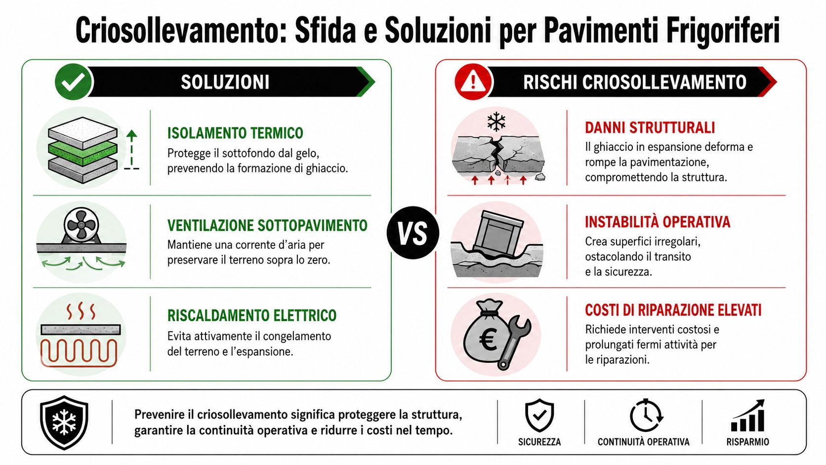Infografica sul criosollevamento nei pavimenti frigoriferi: soluzioni di prevenzione a confronto con i rischi strutturali e operativi.