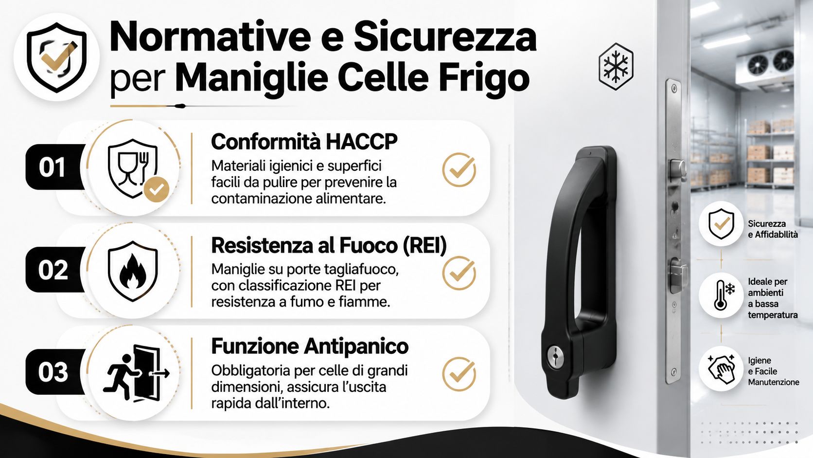 Una grafica informativa sulle normative e la sicurezza delle maniglie per porte di celle frigorifere industriali.