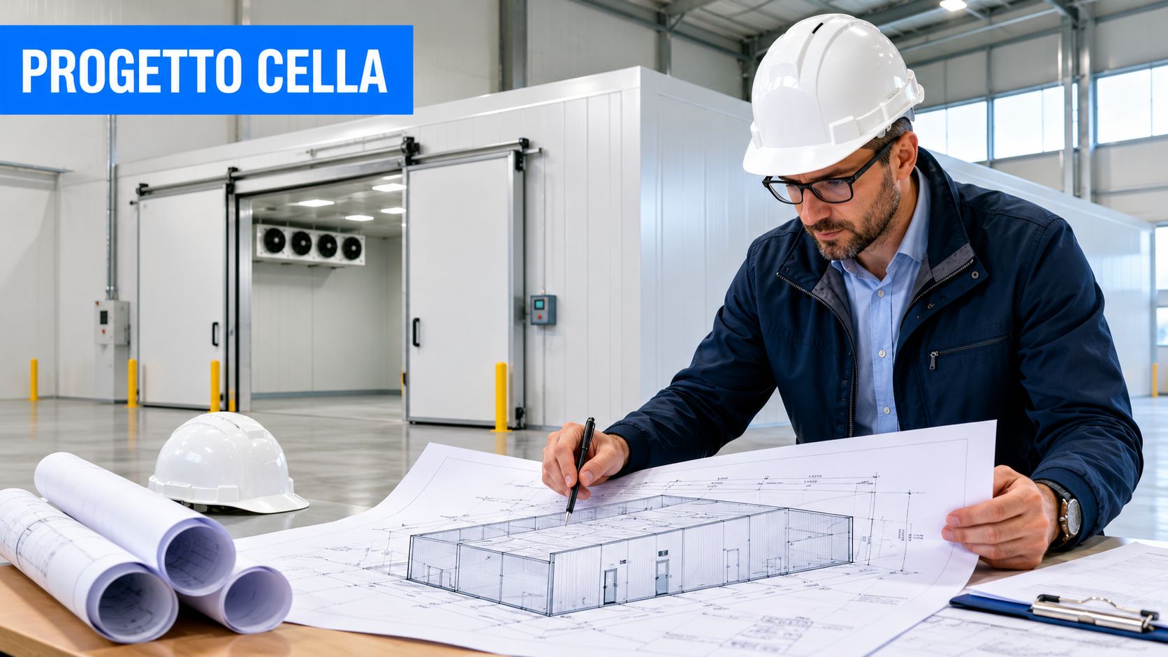 Un ingegnere con casco protettivo esamina attentamente i disegni tecnici di una cella frigorifera industriale in un magazzino.