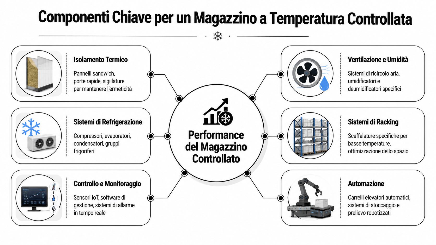 Schema grafico che mostra i sei componenti chiave fondamentali per ottimizzare la performance di un magazzino a temperatura controllata.