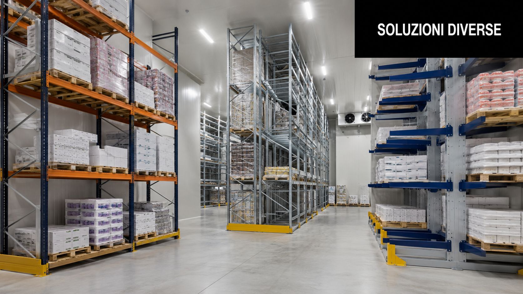 Veduta di un ampio magazzino a temperatura controllata con scaffalature industriali cariche di merci confezionate e pallet.