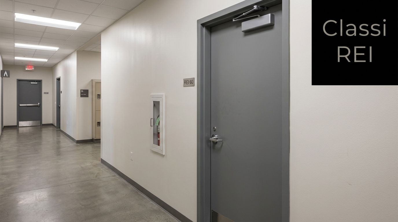 Corridoio interno di un edificio commerciale con porte tagliafuoco grigie e un estintore a parete