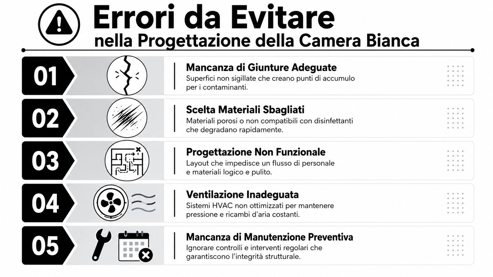 Infografica che elenca cinque errori comuni da evitare durante la progettazione professionale di una camera bianca.