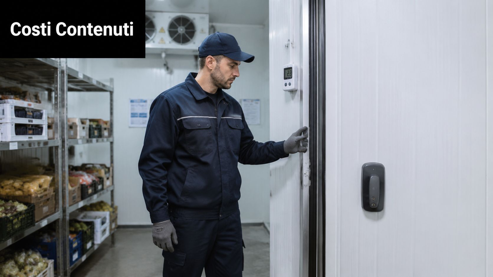 Un operatore in divisa controlla la temperatura di una cella frigorifera industriale in un magazzino alimentare.