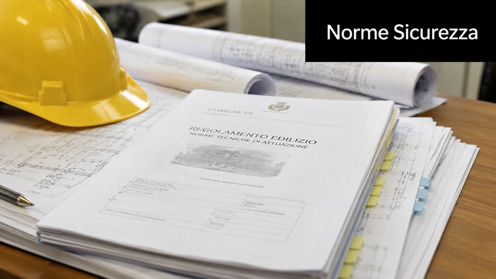 Un casco giallo da cantiere posizionato sopra disegni tecnici e documenti relativi a un regolamento edilizio.