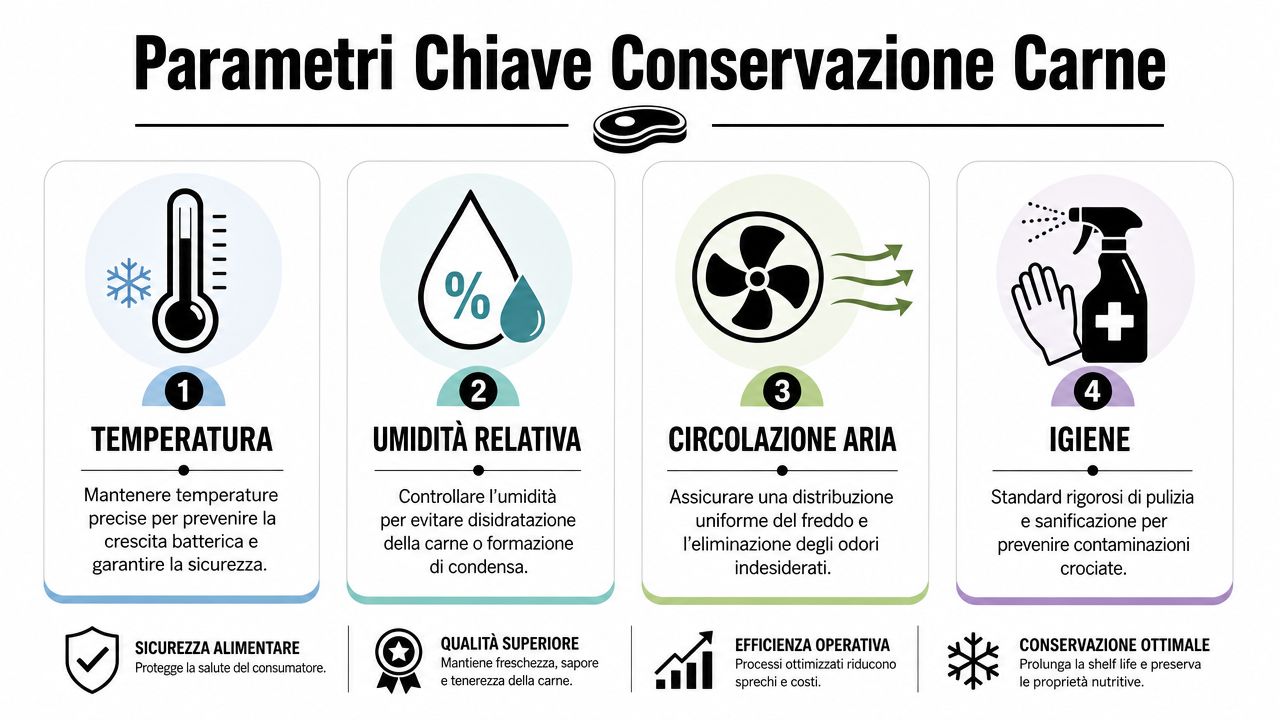 Infografica sui quattro parametri chiave per la corretta conservazione della carne in ambienti controllati.