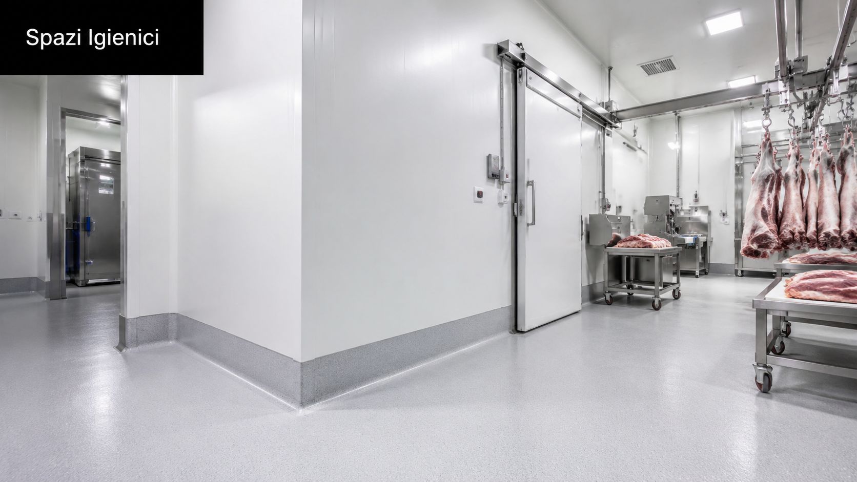 Interno di un moderno laboratorio di lavorazione carni con pareti bianche, pavimento igienico e carcasse di carne appese.