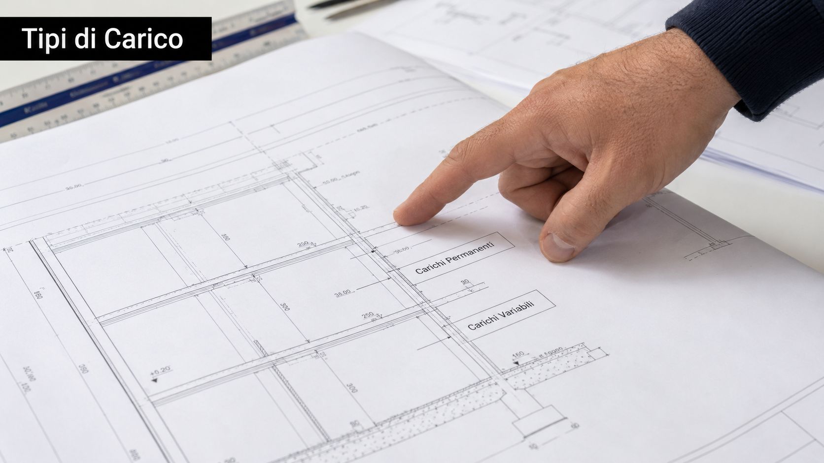 Una mano che punta su una planimetria tecnica riguardante carichi permanenti e carichi variabili di una costruzione.