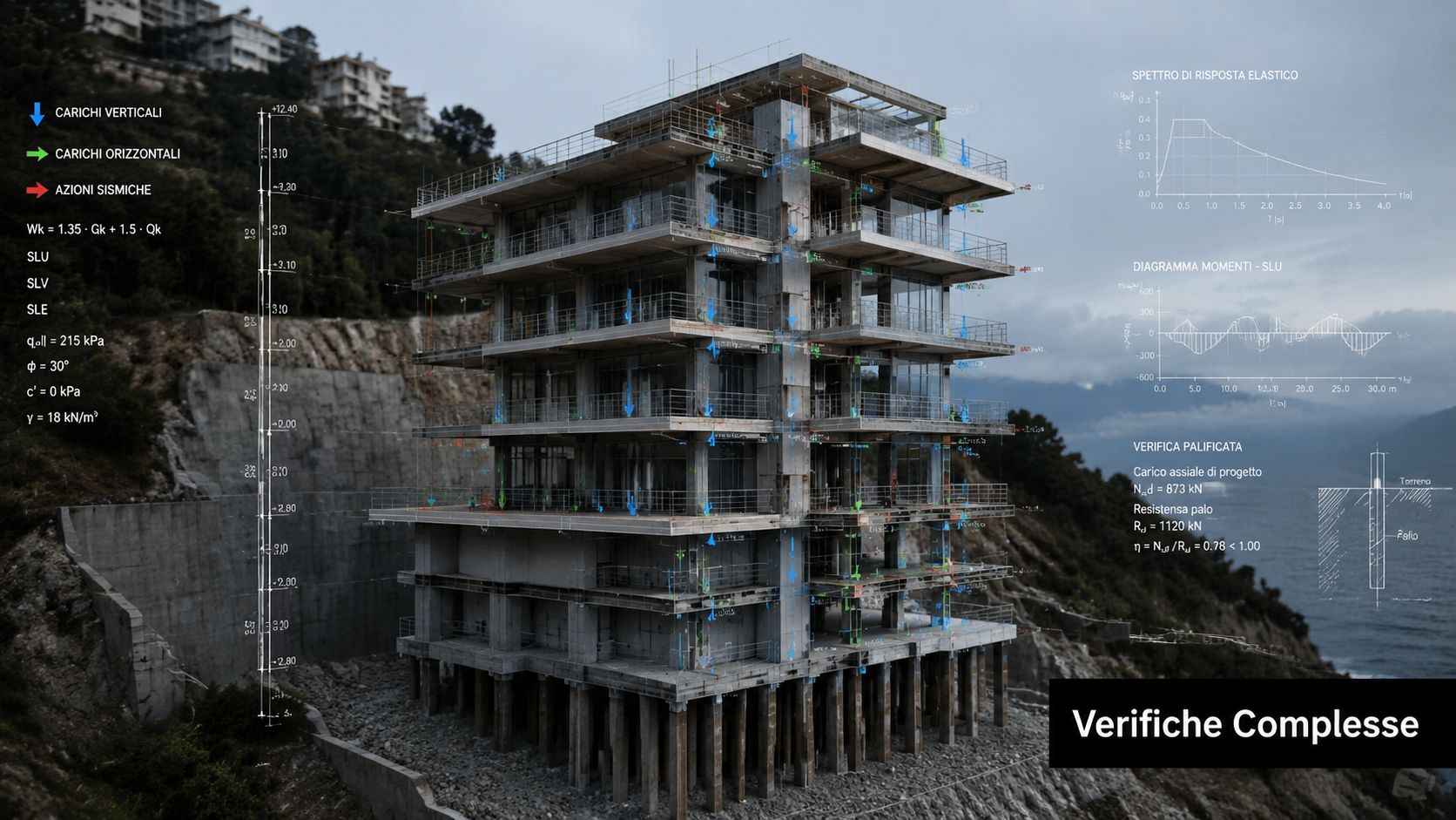 Analisi ingegneristica di un edificio a più piani con indicazioni su carichi, sisma e verifiche delle fondazioni.