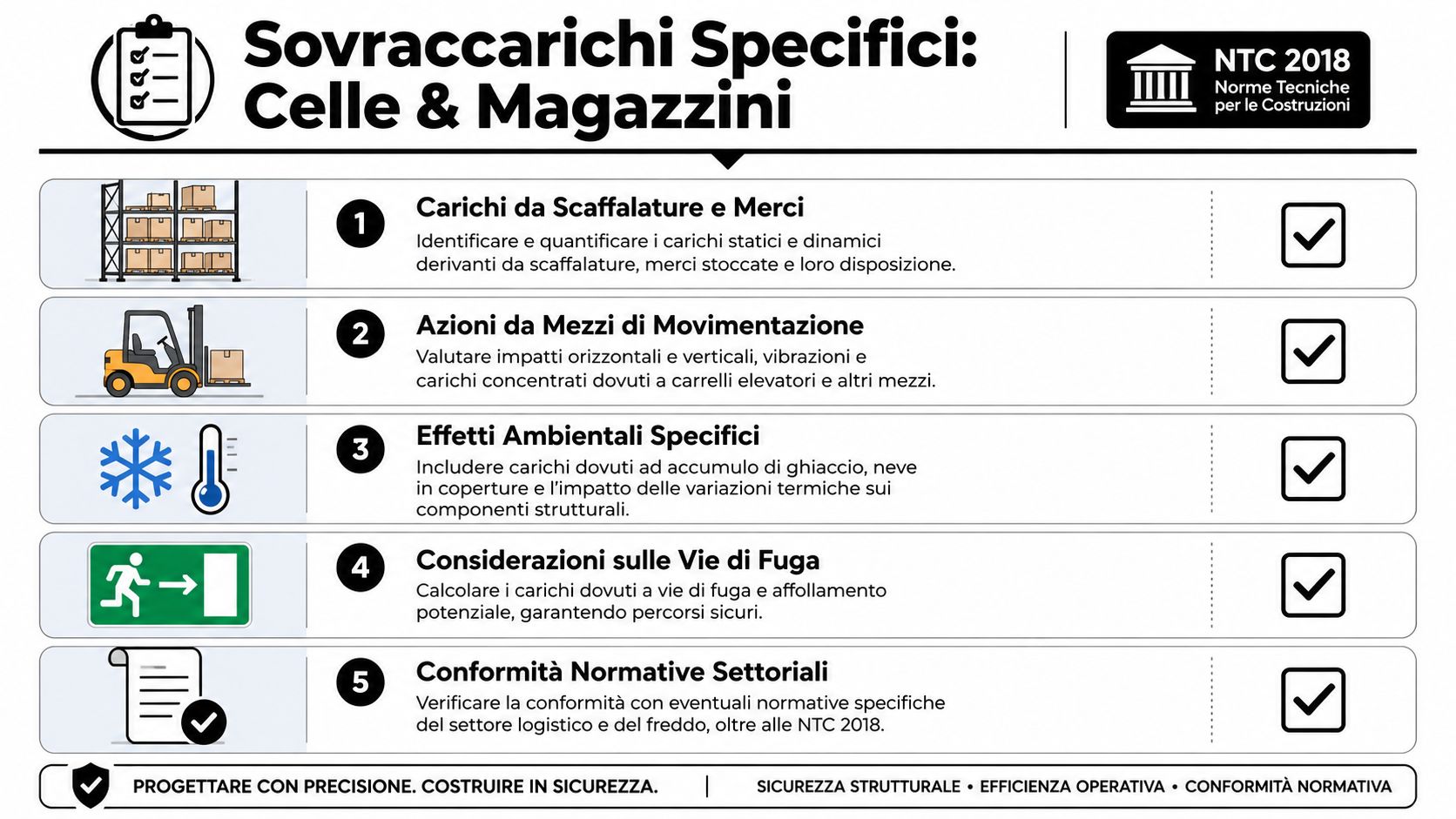 Infografica sui sovraccarichi strutturali in celle frigorifere e magazzini secondo le Norme Tecniche per le Costruzioni 2018.