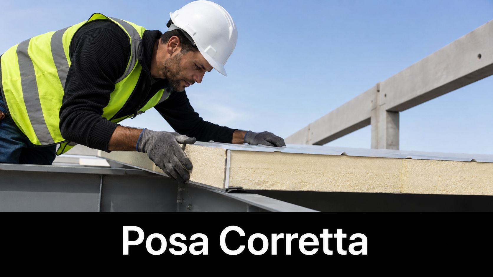 Un operaio edile con casco bianco posa correttamente un pannello sandwich isolante su una struttura metallica.