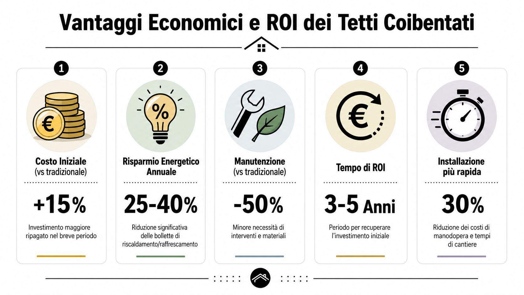 Infografica sui vantaggi economici e il ritorno sull'investimento dei tetti prefabbricati coibentati rispetto a quelli tradizionali.