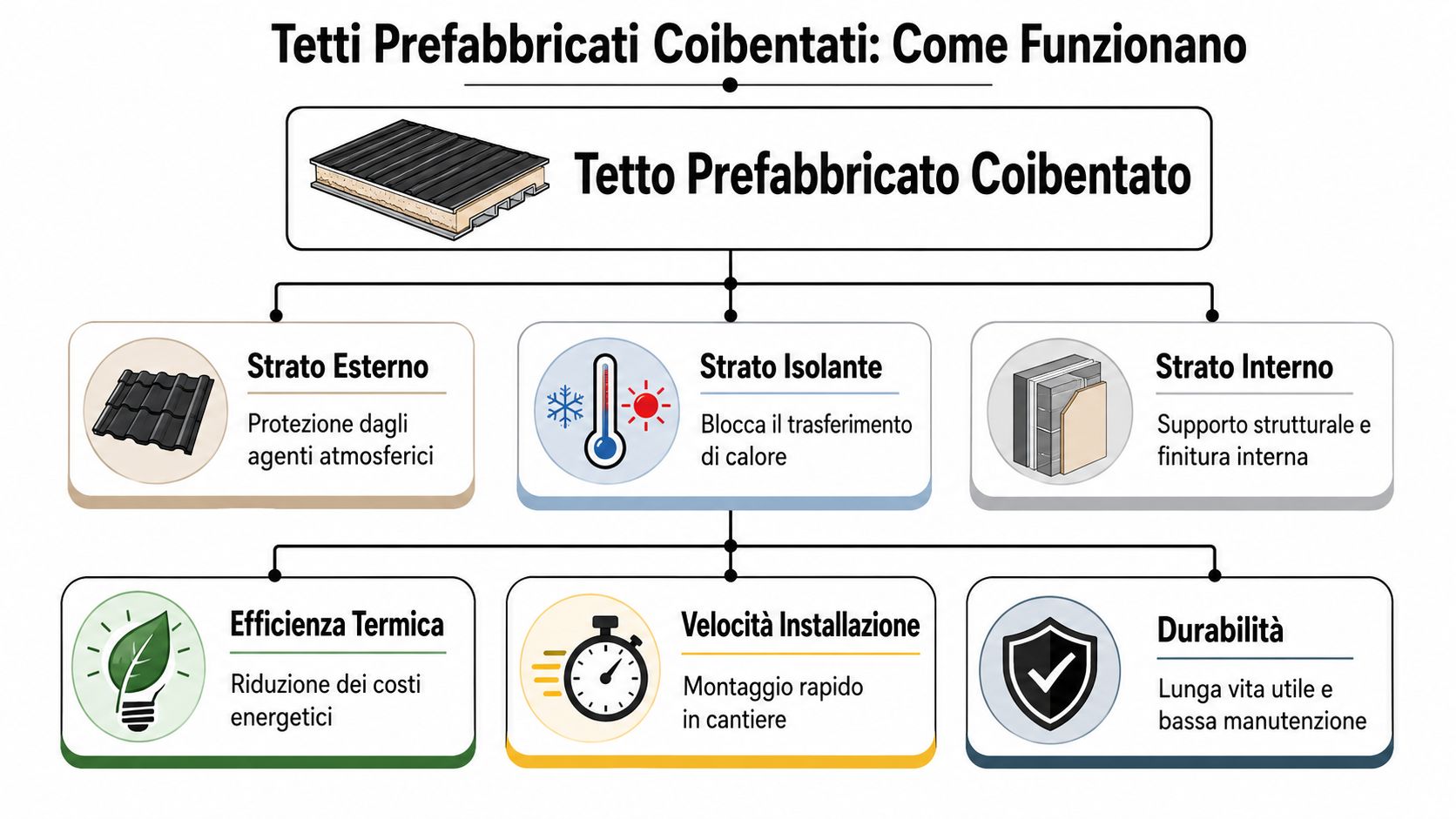 Diagramma esplicativo sui vantaggi e sulla struttura dei tetti prefabbricati coibentati per l'efficienza energetica degli edifici.