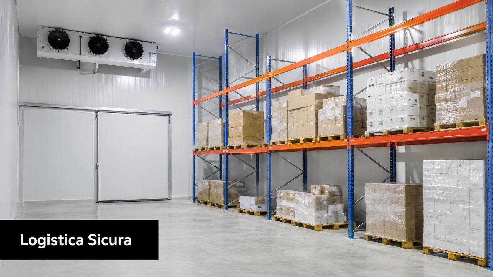 Interno di una cella frigorifera industriale con scaffalature in metallo cariche di merci imballate su bancali.