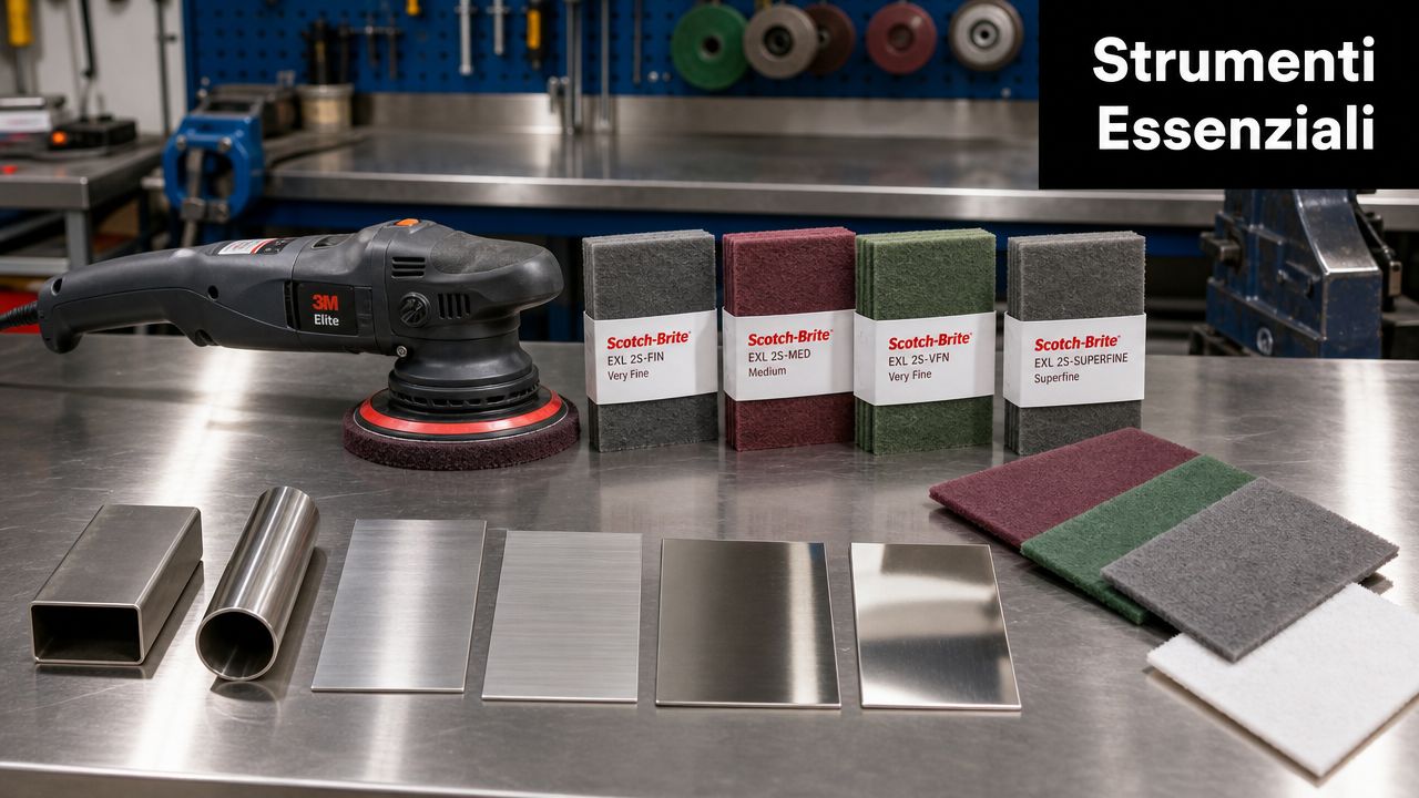 Utensili e prodotti abrasivi Scotch-Brite 3M per la finitura professionale delle superfici metalliche su un banco da lavoro.