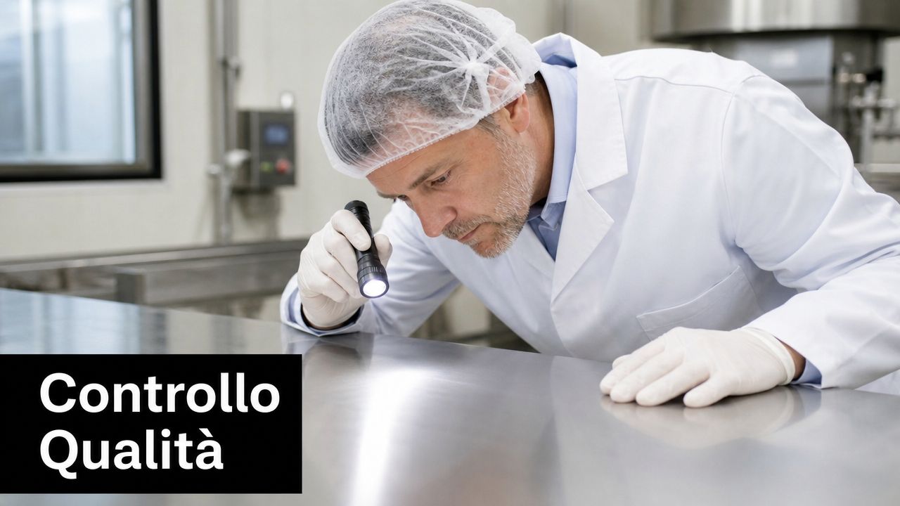 Un tecnico specializzato esegue un controllo qualità su una superficie metallica utilizzando una torcia luminosa.