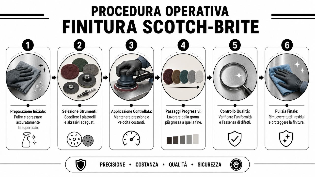 Procedura operativa illustrata in sei passaggi per la finitura di superfici metalliche utilizzando abrasivi Scotch-Brite professionali.