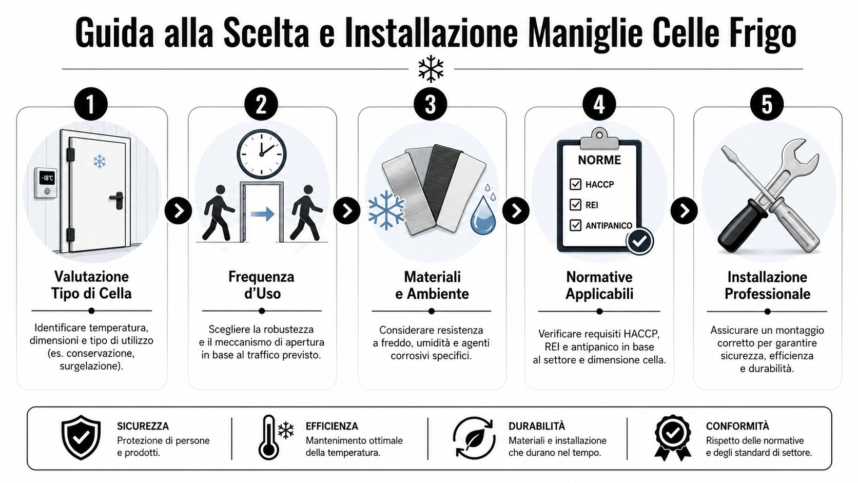 Infografica illustrata che spiega i cinque passaggi fondamentali per scegliere e installare correttamente le maniglie per celle frigo.