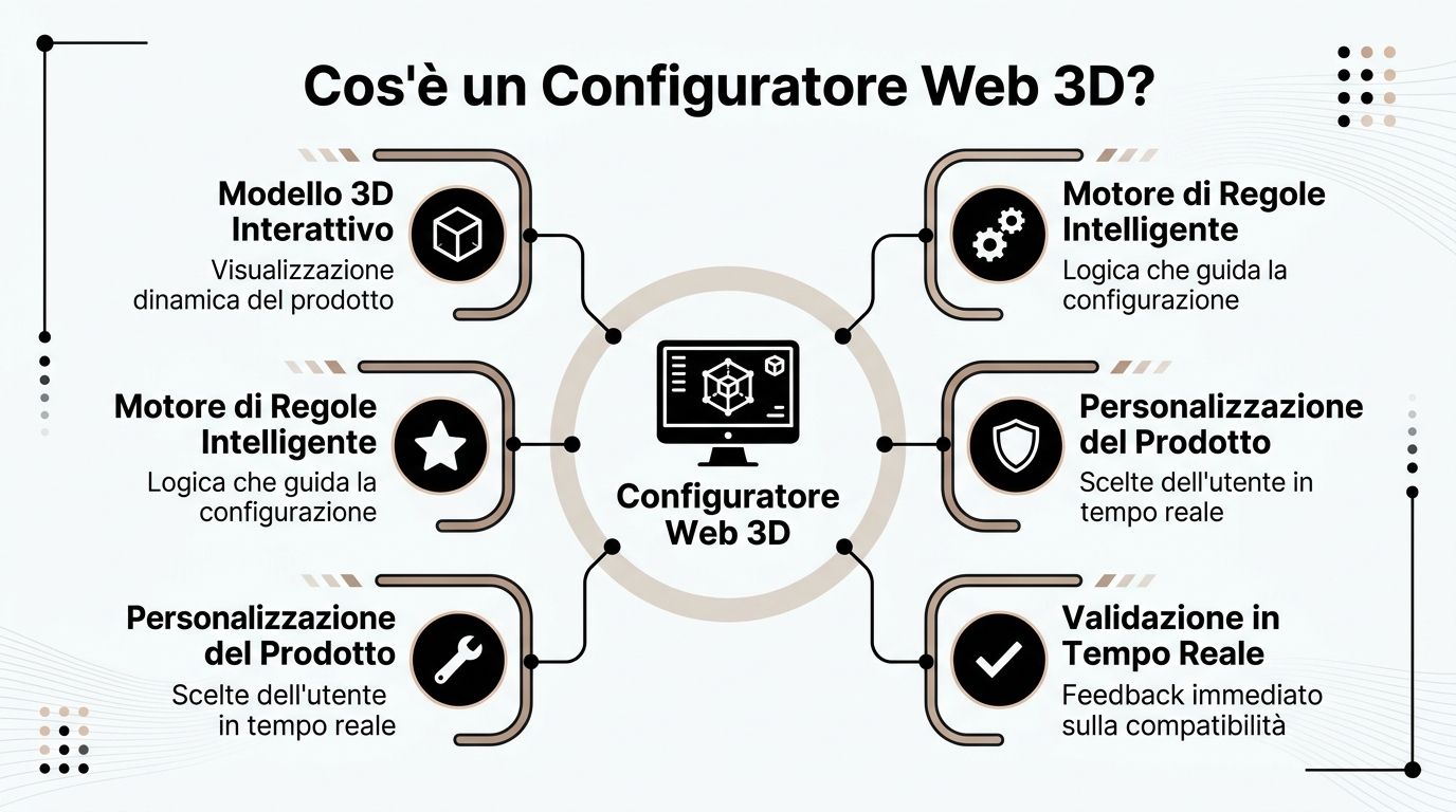 Schema grafico che illustra le componenti fondamentali di un configuratore web 3D per prodotti interattivi online.