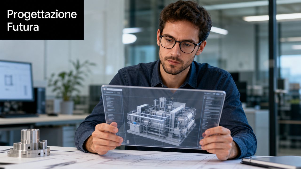 Un ingegnere esamina un progetto tecnico 3D su uno schermo trasparente digitale in un ufficio moderno.
