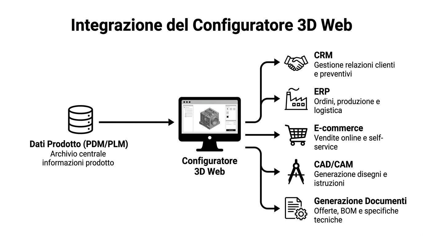 Diagramma che illustra l'integrazione di un configuratore 3D web con sistemi aziendali come CRM, ERP, E-commerce e CAD.