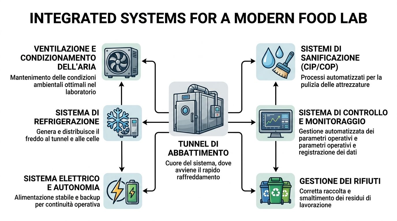 Schema dei sistemi integrati per un laboratorio alimentare con il tunnel di abbattimento al centro.