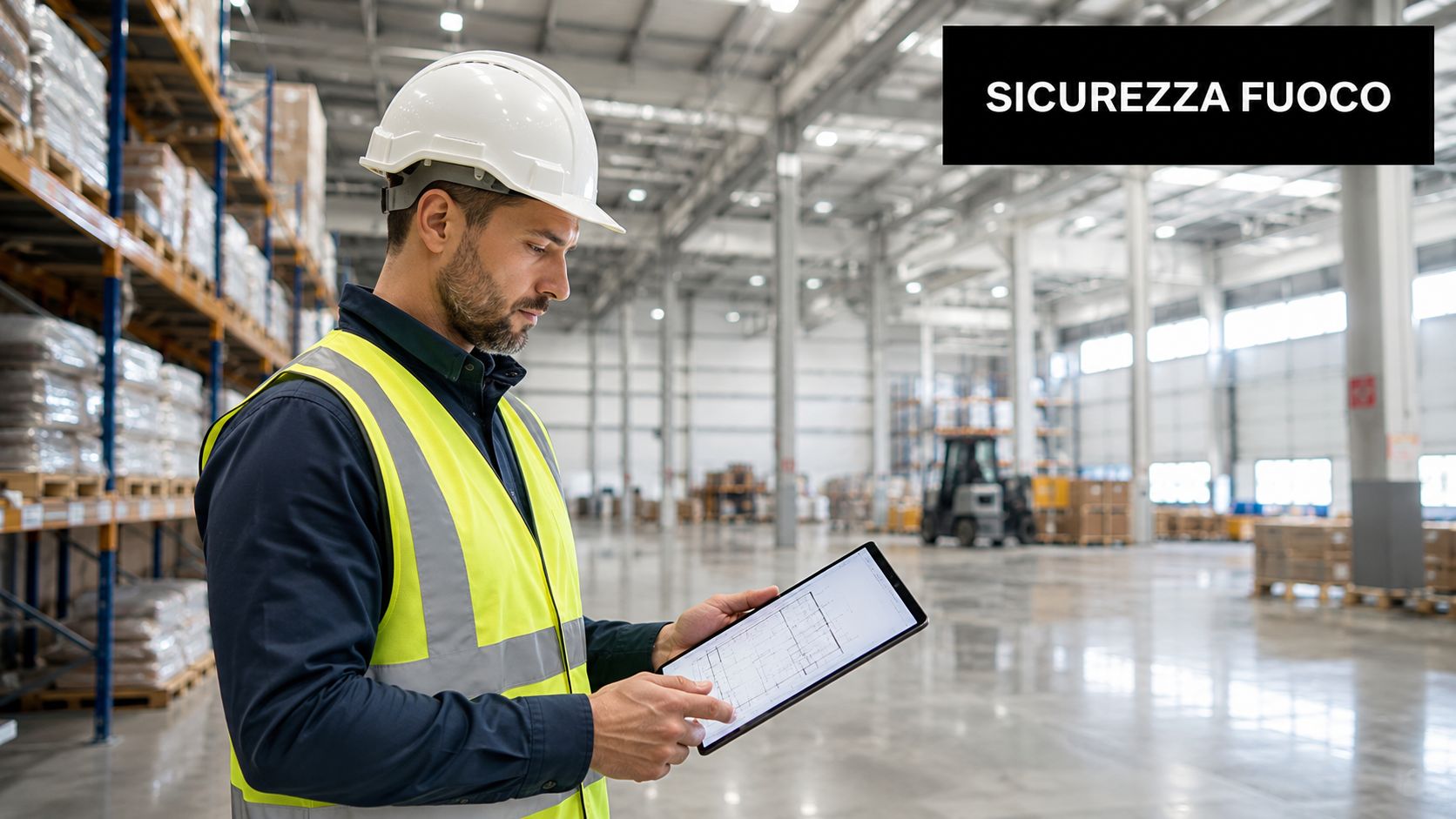 Un tecnico esperto in sicurezza che esamina piantine di un magazzino industriale su un tablet digitale.