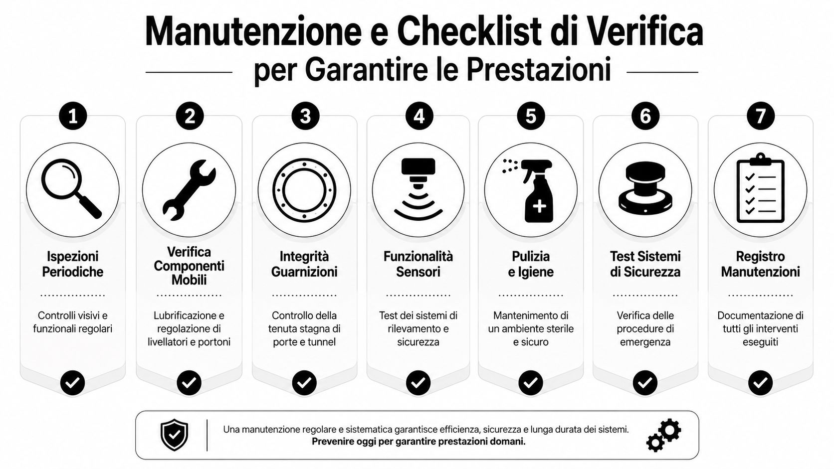 Infografica con sette punti chiave per la manutenzione e il controllo delle prestazioni di sistemi industriali.