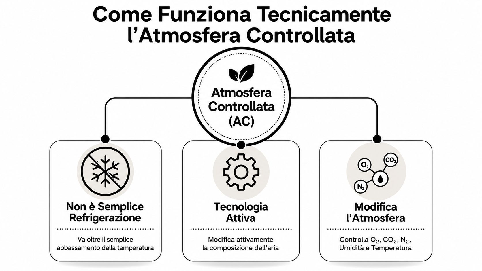 Diagramma che spiega il funzionamento tecnico dell'atmosfera controllata, evidenziando refrigerazione, tecnologia attiva e modifica della composizione atmosferica.