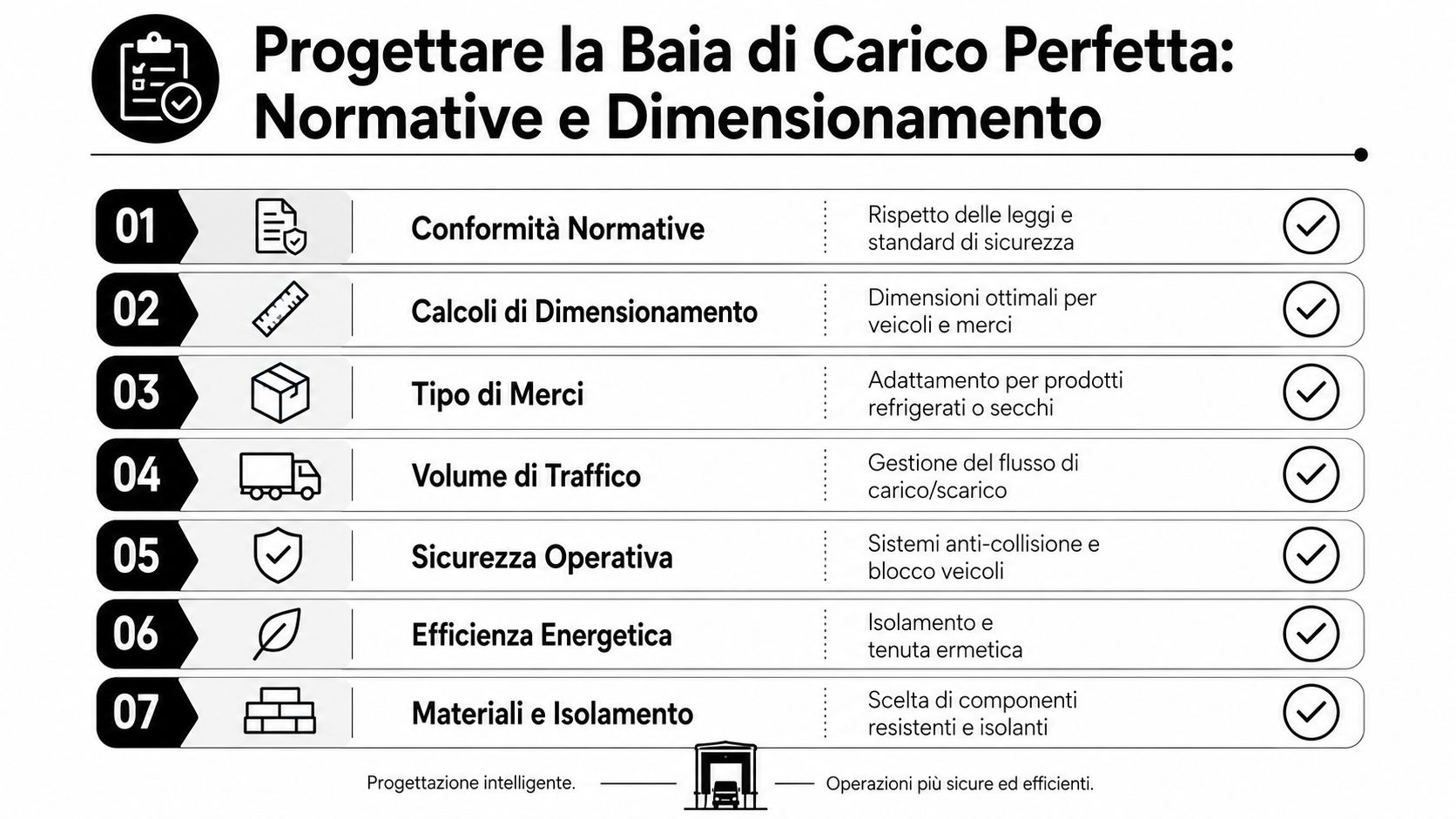 Infografica con sette punti chiave per la progettazione professionale e sicura di una baia di carico industriale.