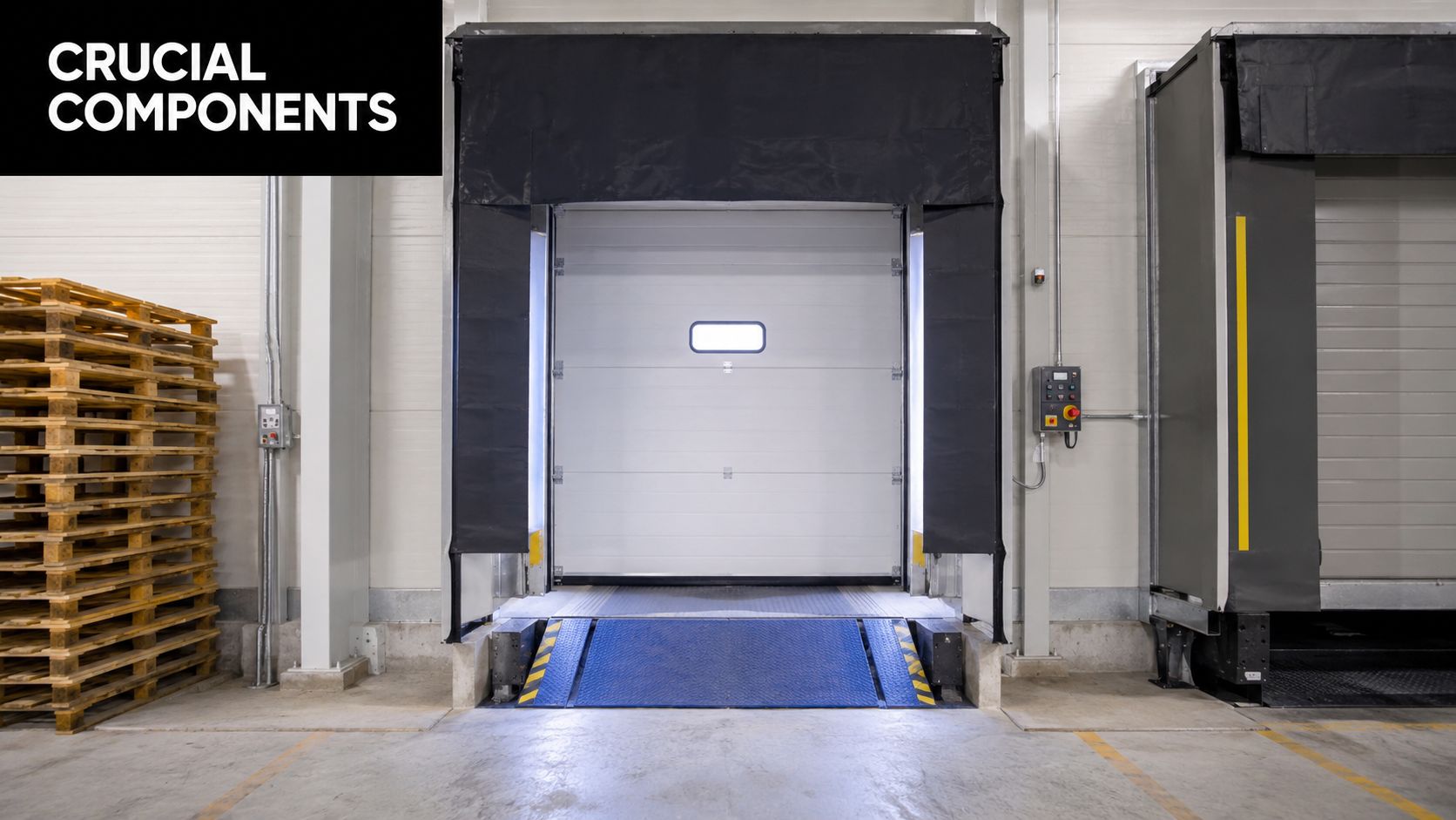 Punto di carico industriale con portone sezionale e rampa di livellamento all'interno di un magazzino logistico moderno.