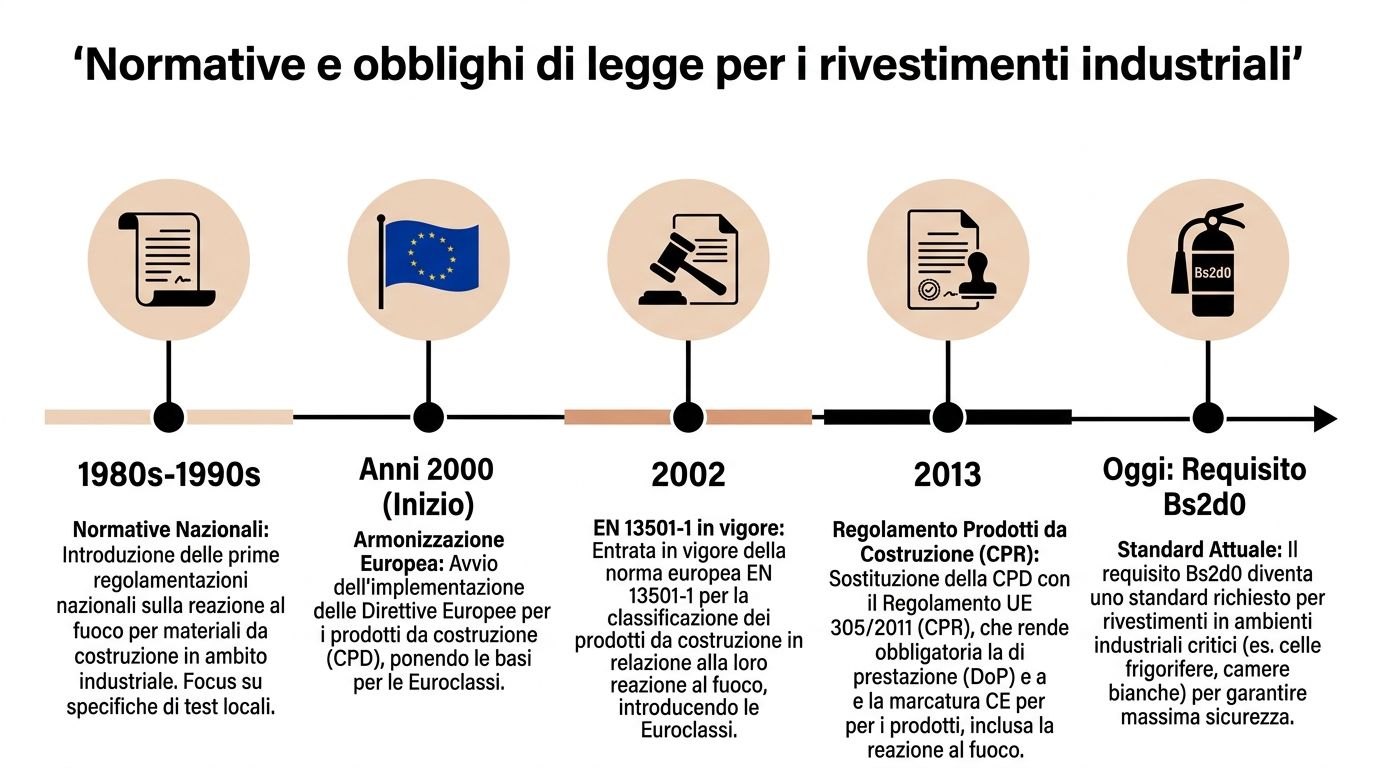 Linea temporale che illustra l'evoluzione delle normative antincendio europee per i rivestimenti industriali fino allo standard Bs2d0.